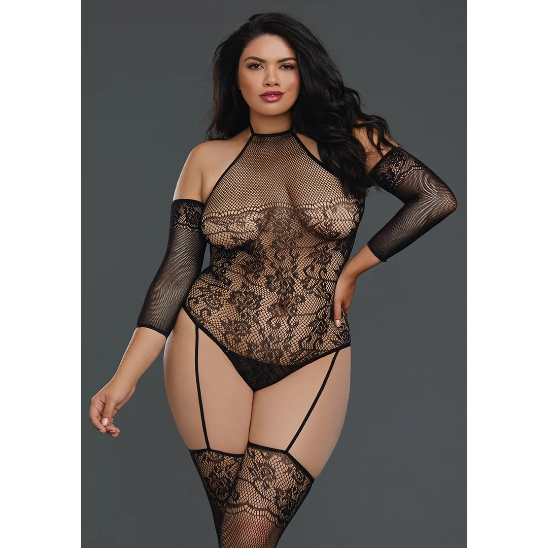 Body de rejilla con cuello alto y hombros descubiertos para curvas - Dreamgirl - Imagen 2