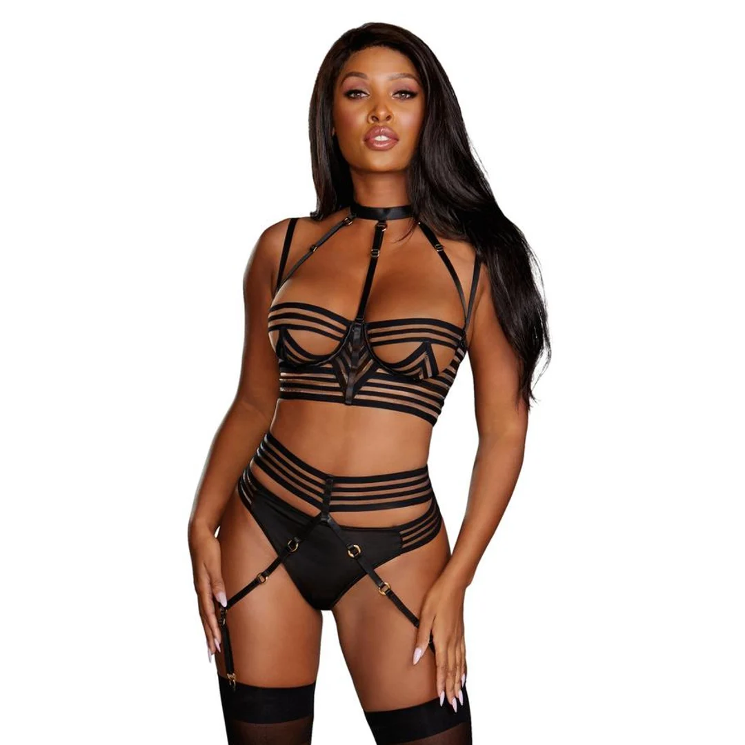 Conjunto de lencería a rayas Dreamgirl con liguero - Imagen 6