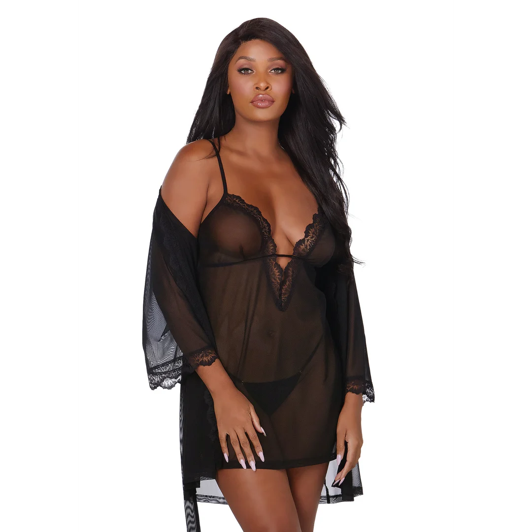 Conjunto de camisón de malla elástica y bata Dreamgirl, S - Imagen 1