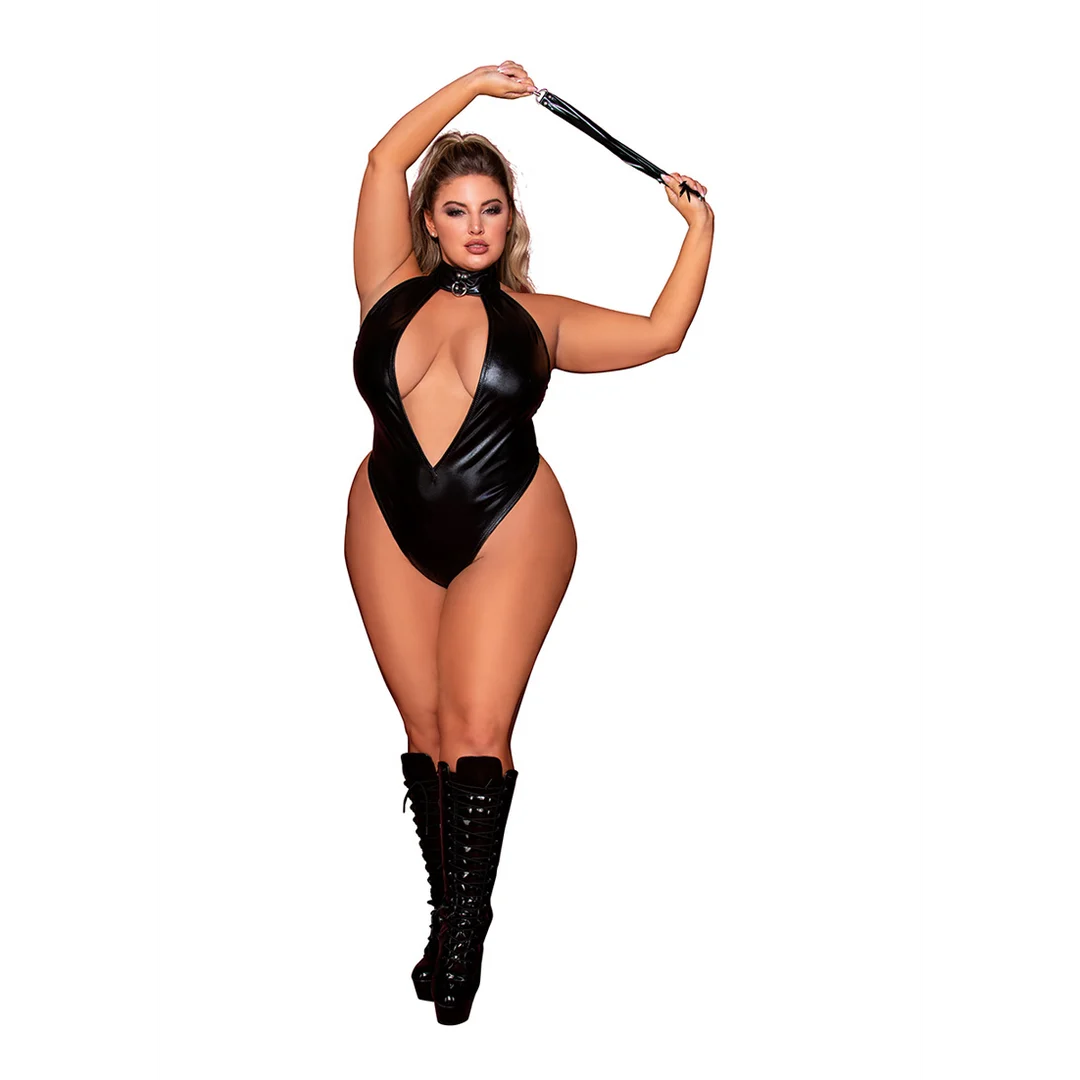 Dreamgirl Teddy halter de efecto piel sintética con flogger - Imagen 2