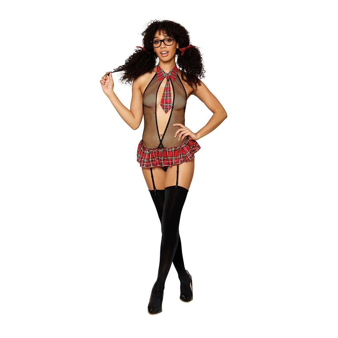 Conjunto de liguero de rejilla con aire colegial y abertura en la entrepierna para looks atrevidos – LIN - Imagen 2