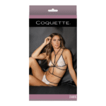 Bralette de encaje Coquette, braguita y arnés con abertura en la entrepierna