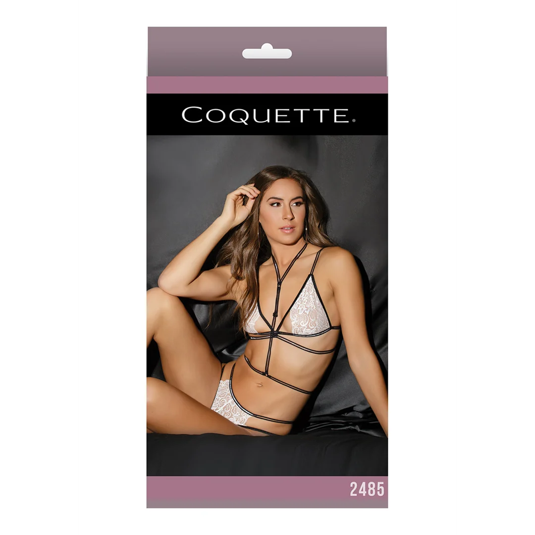 2485WHT-OS-2 Bralette de encaje Coquette, braguita y arnés con abertura en la entrepierna - Imagen 1