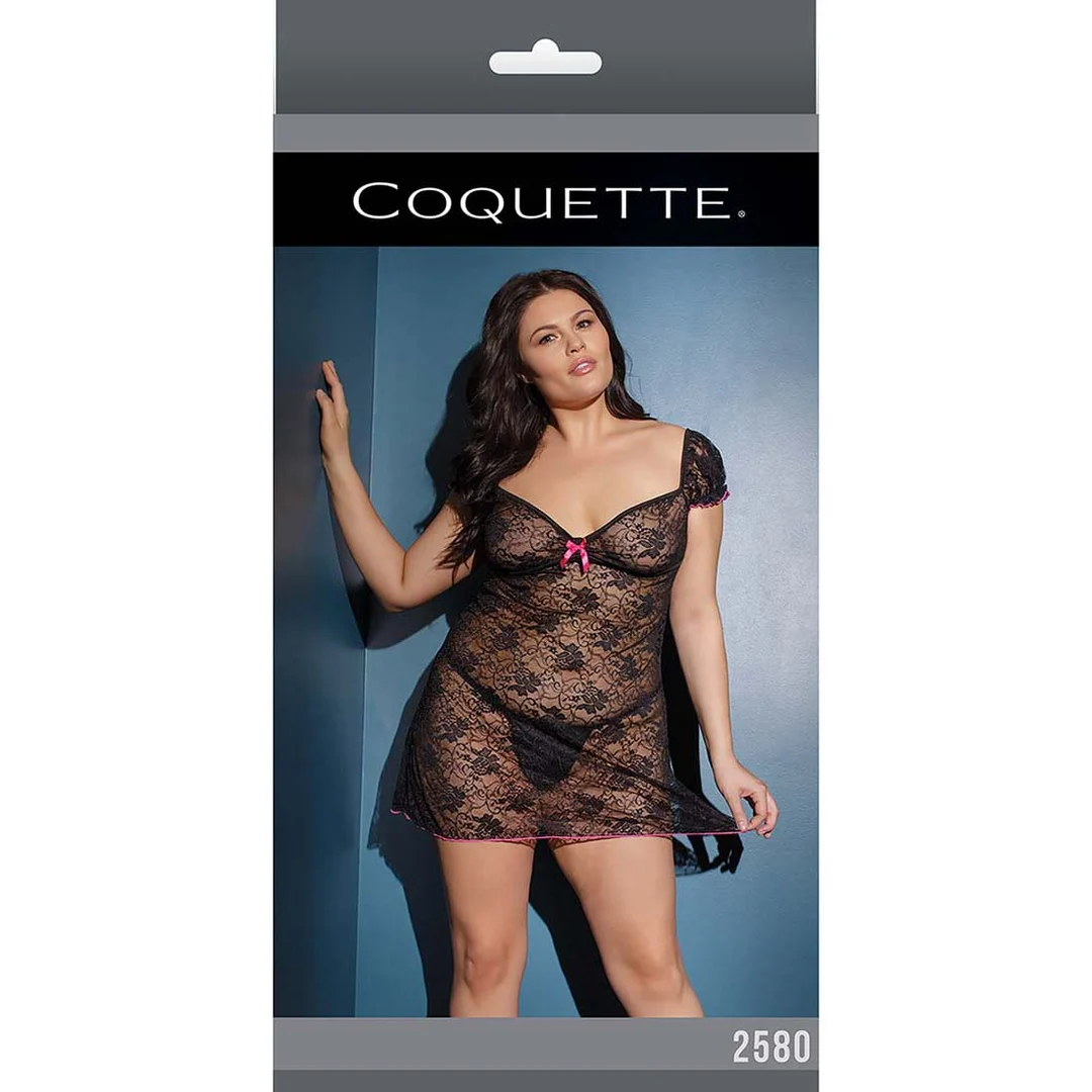 Babydoll de encaje en talla grande con detalles rosas y lazo para siluetas con curvas | Desirelle - Imagen 1