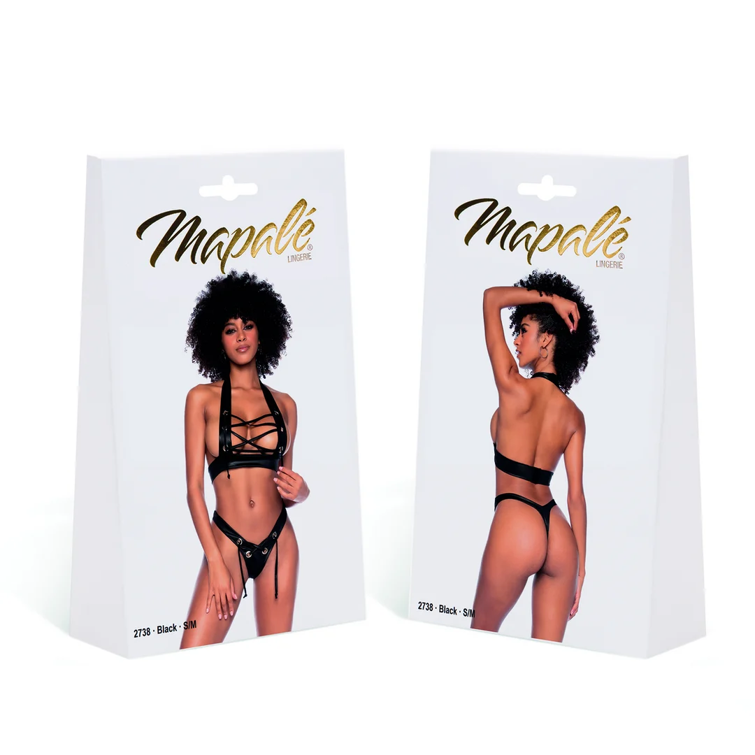 Conjunto de lencería negro con cierre de cordones y tanga de encaje para un look atrevido, LIN - Imagen 1