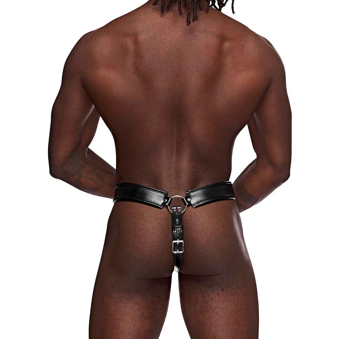 Tanga para hombre con jaula de castidad y bolsa de piel sintética para un look fetichista – Male Power - Imagen 1