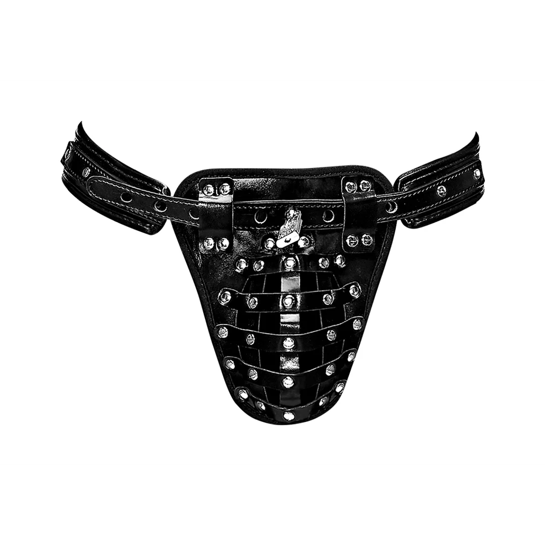 Tanga para hombre con jaula de castidad y bolsa de piel sintética para un look fetichista – Male Power - Imagen 2