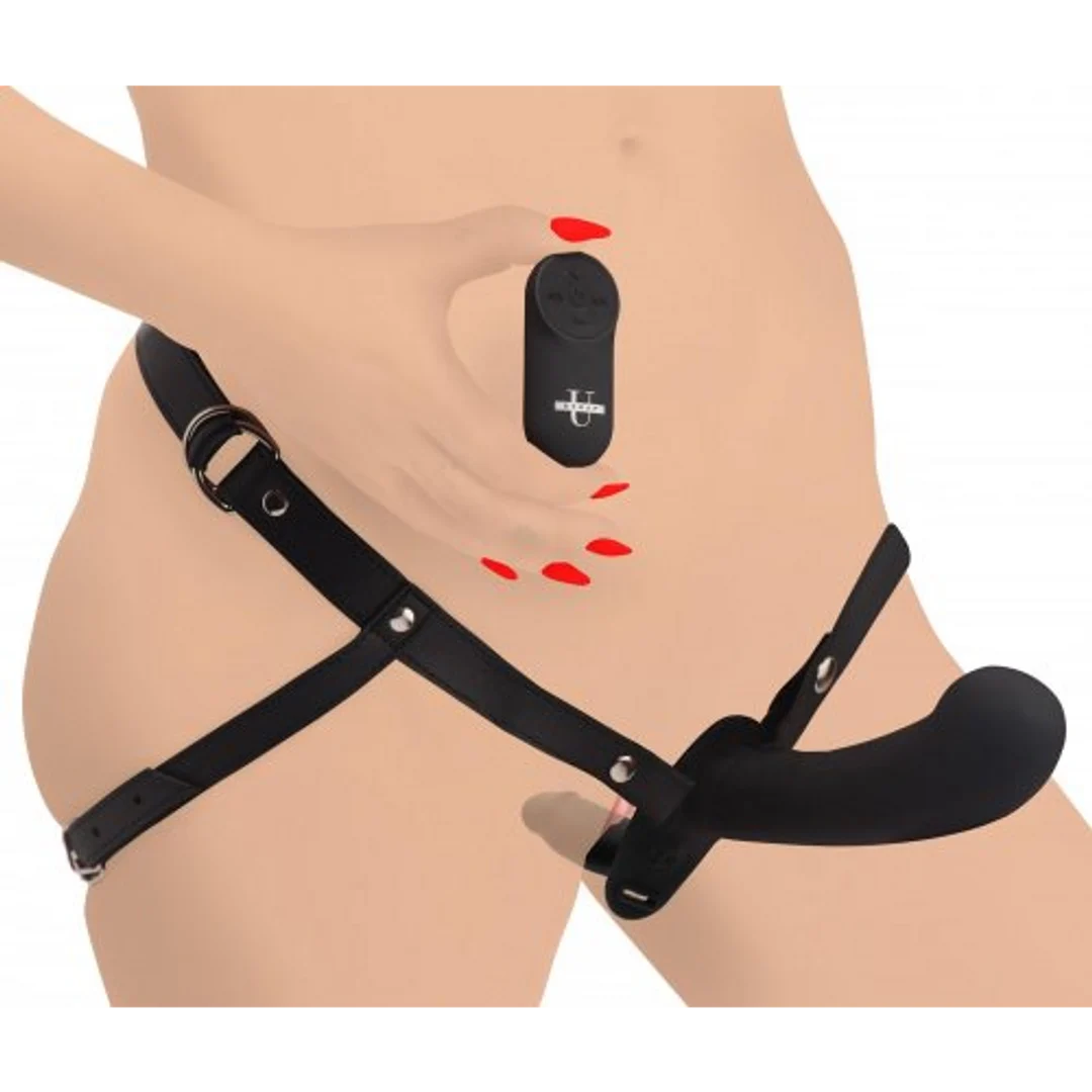 vibrador para parejas – dildo doble con arnés y mando a distancia – XR Brands negro XR Brands - Imagen 2