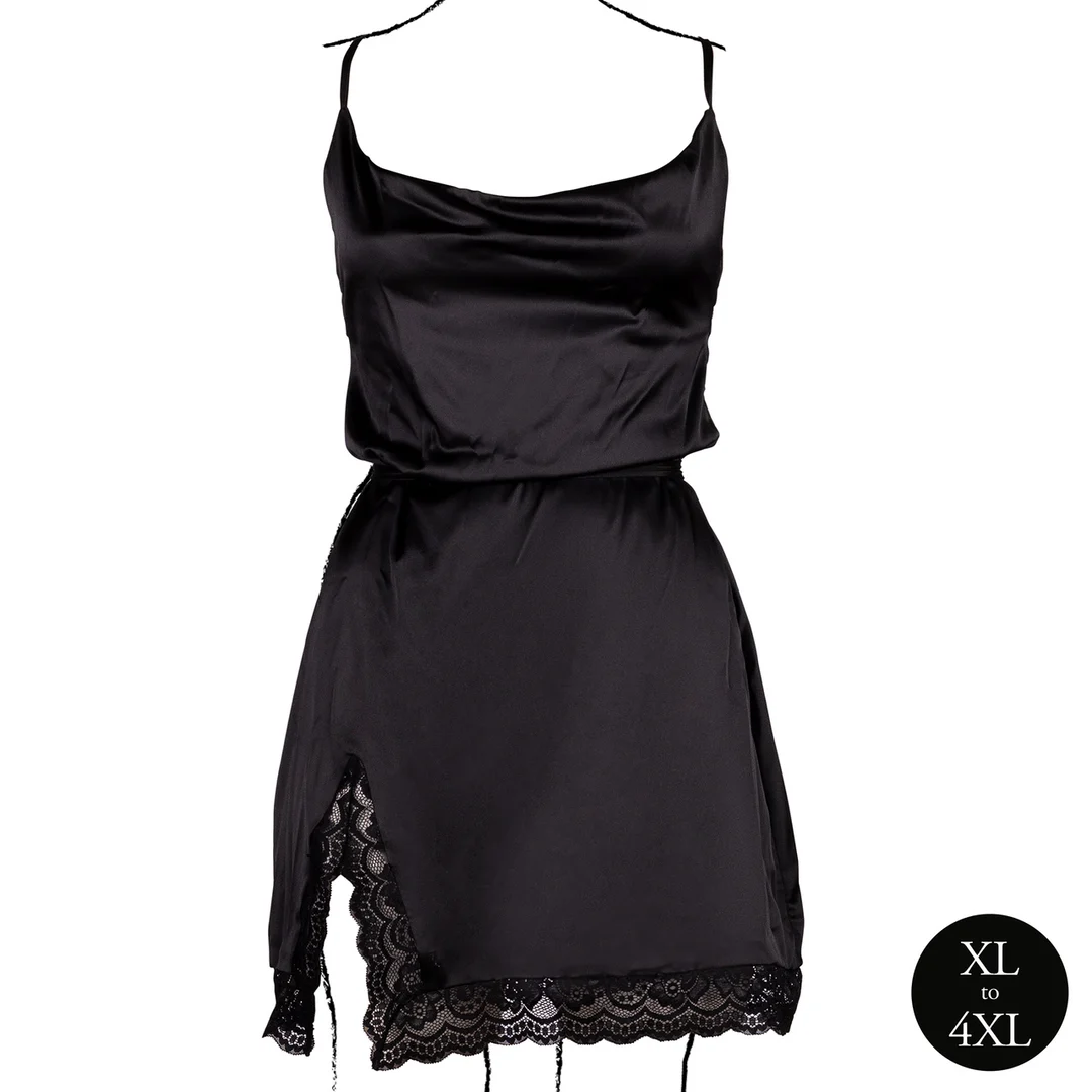 Vestido de satén para tallas grandes con espalda descubierta y abertura, puro glamour curvy – Le Desir - Imagen 4
