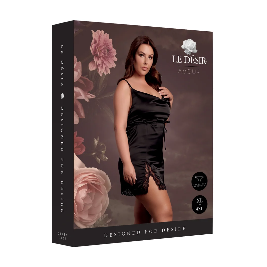 Vestido de satén para tallas grandes con espalda descubierta y abertura, puro glamour curvy – Le Desir - Imagen 1