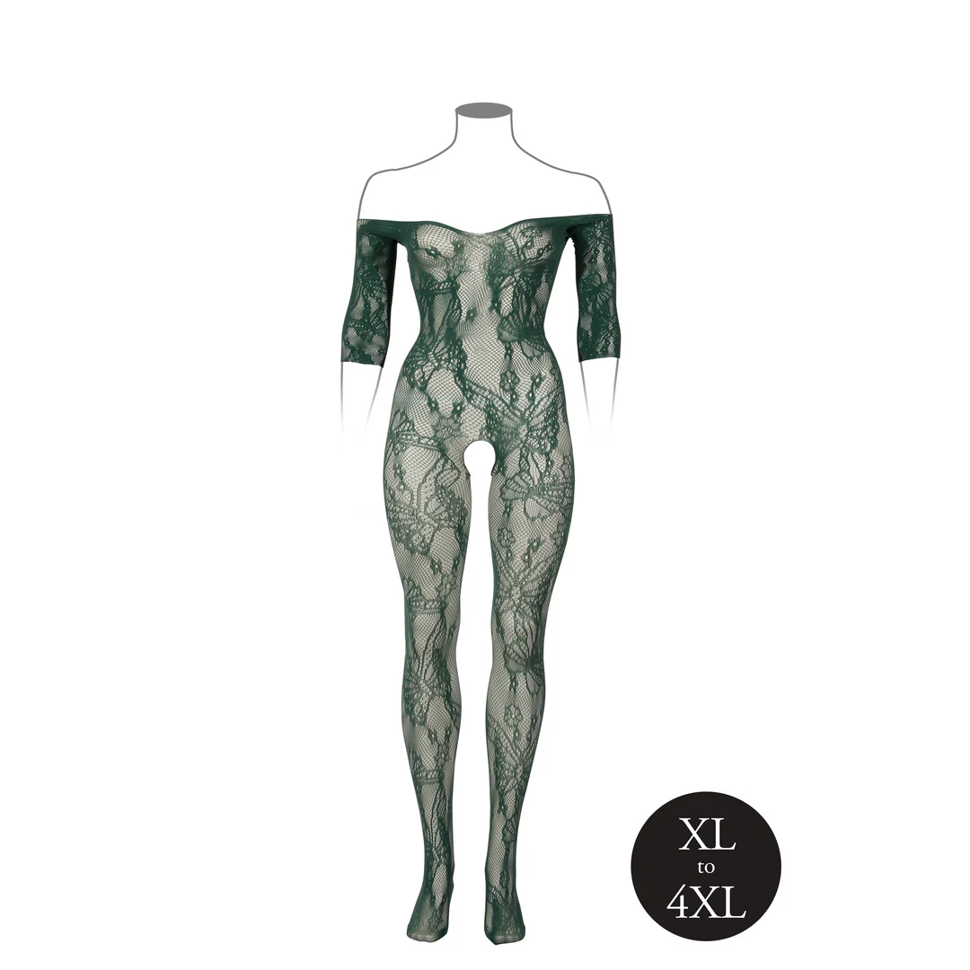Body de rejilla de encaje con mangas largas y entrepierna abierta para siluetas curvy – LIN - Imagen 6