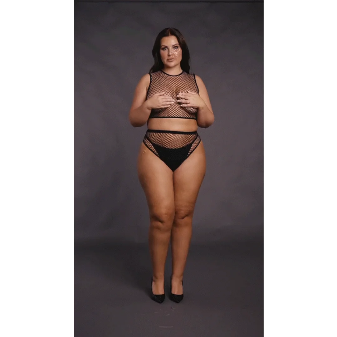 Conjunto de lencería sexy para cuerpos con curvas, con top corto de rejilla y entrepierna abierta, OSX - Imagen 6