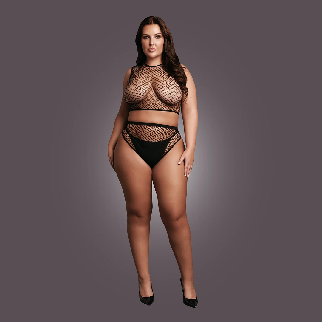 Conjunto de lencería sexy para cuerpos con curvas, con top corto de rejilla y entrepierna abierta, OSX - Imagen 4