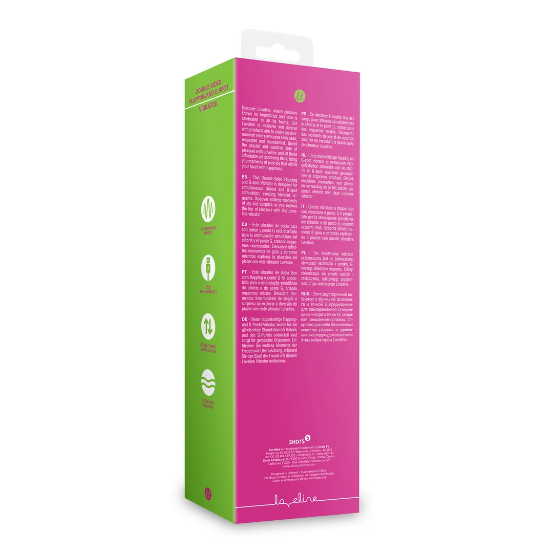 Vibrador de doble extremo Loveline con aleteo y punto G, rosa - Imagen 2
