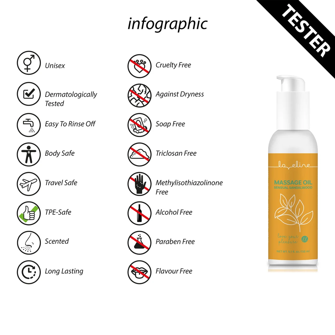 Aceite de masaje erótico con aroma sensual a sándalo, Loveline by Shots, probador de 150 ml - Imagen 2