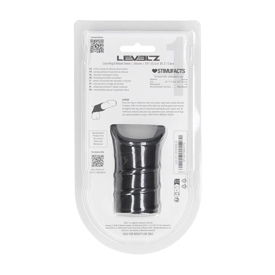 Anillo para el pene de silicona y funda estriada Levelz by Shots, negro - Imagen 2