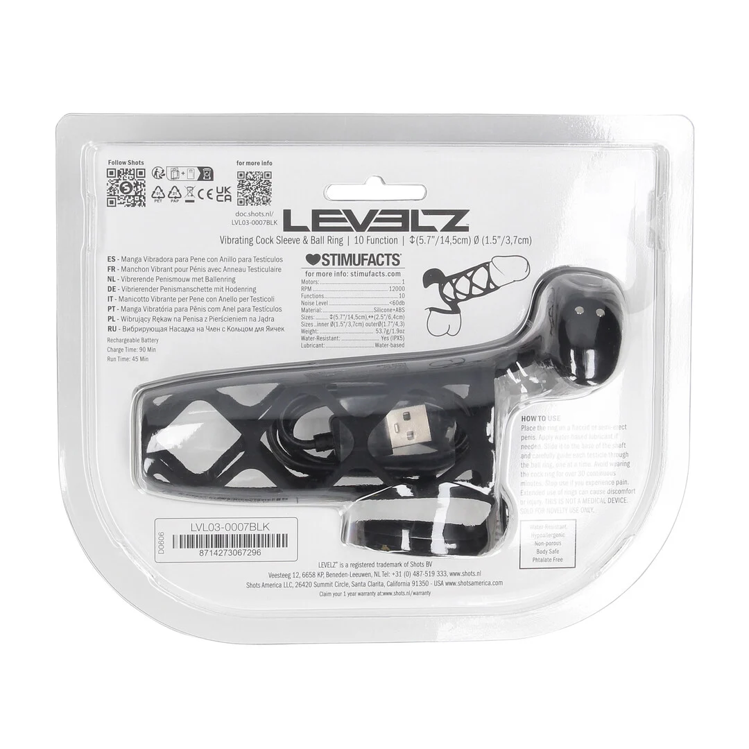 Funda vibradora para el pene Levelz by Shots con anillo para los testículos, negra - Imagen 2
