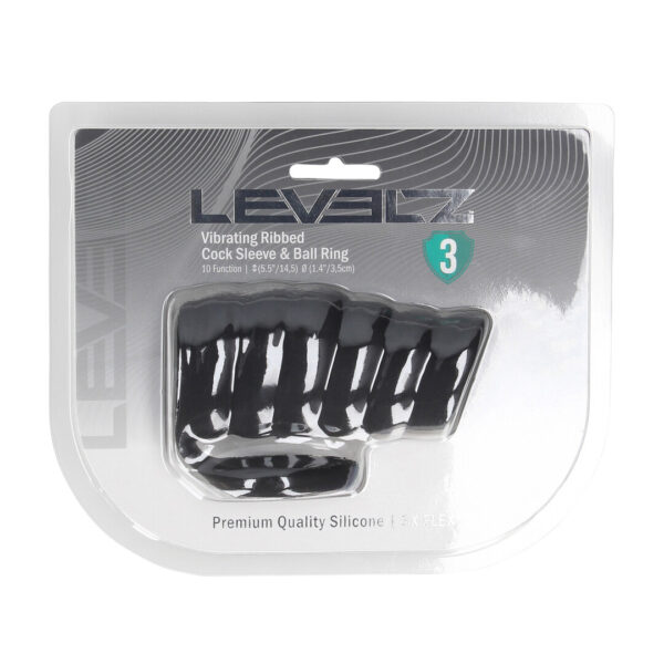 Funda vibradora de silicona con estrías para pene y anillo para testículos Levelz by Shots, negra