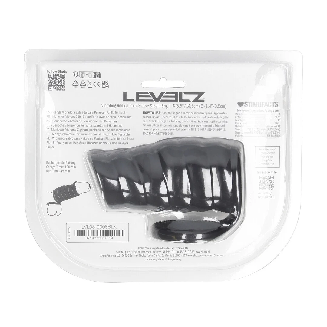 Funda vibradora de silicona con estrías para pene y anillo para testículos Levelz by Shots, negra - Imagen 2