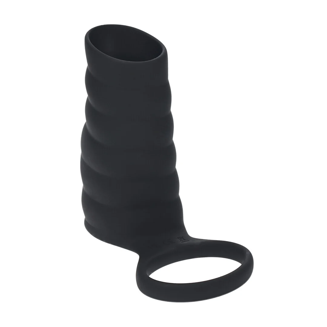 Funda vibradora de silicona con estrías para pene y anillo para testículos Levelz by Shots, negra - Imagen 3