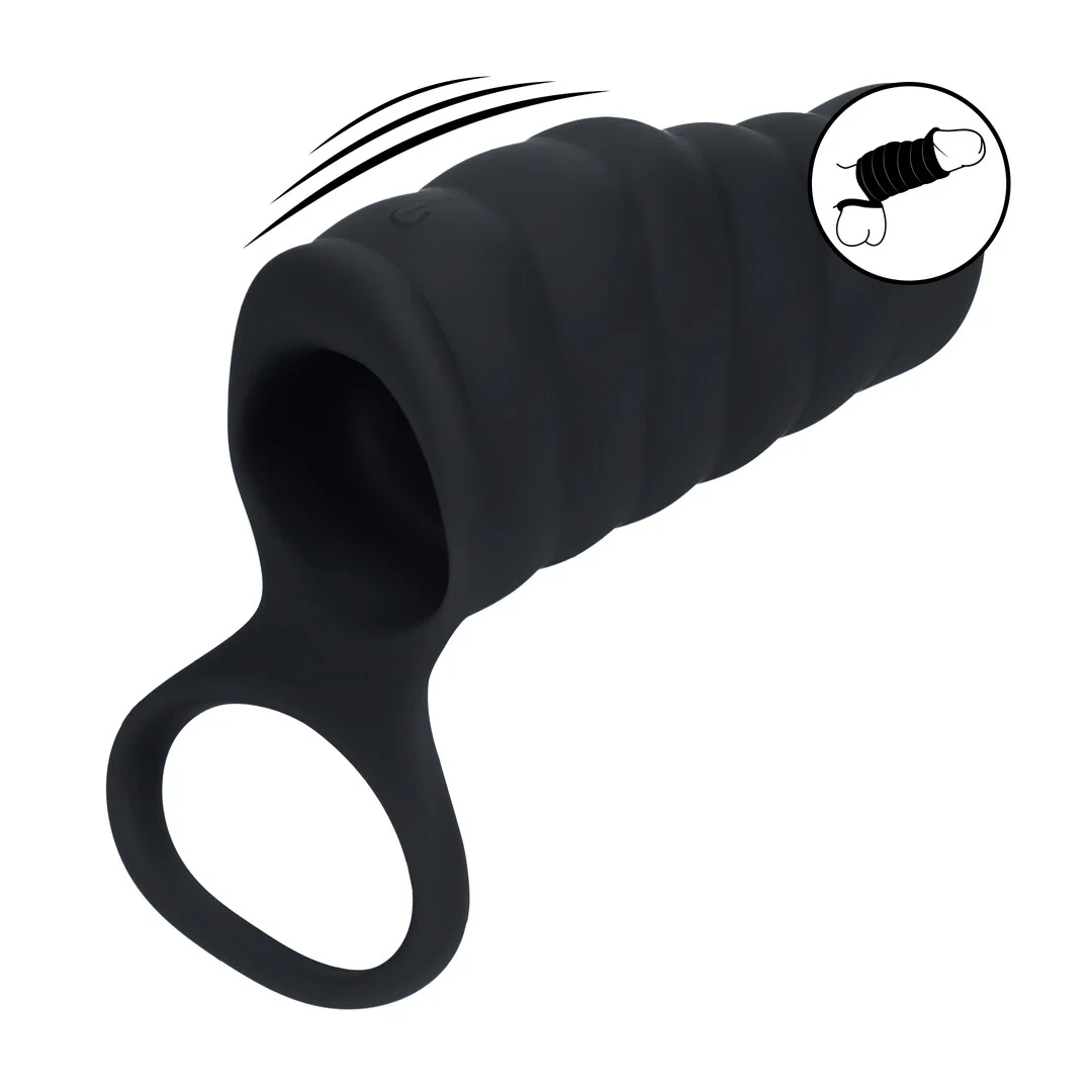 Funda vibradora de silicona con estrías para pene y anillo para testículos Levelz by Shots, negra - Imagen 6
