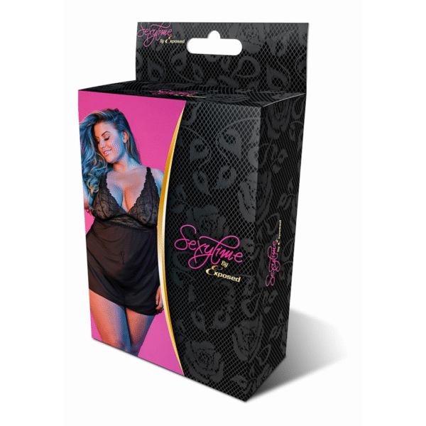 Babydoll negro con espalda descubierta y conjunto de tanga, talla 2X