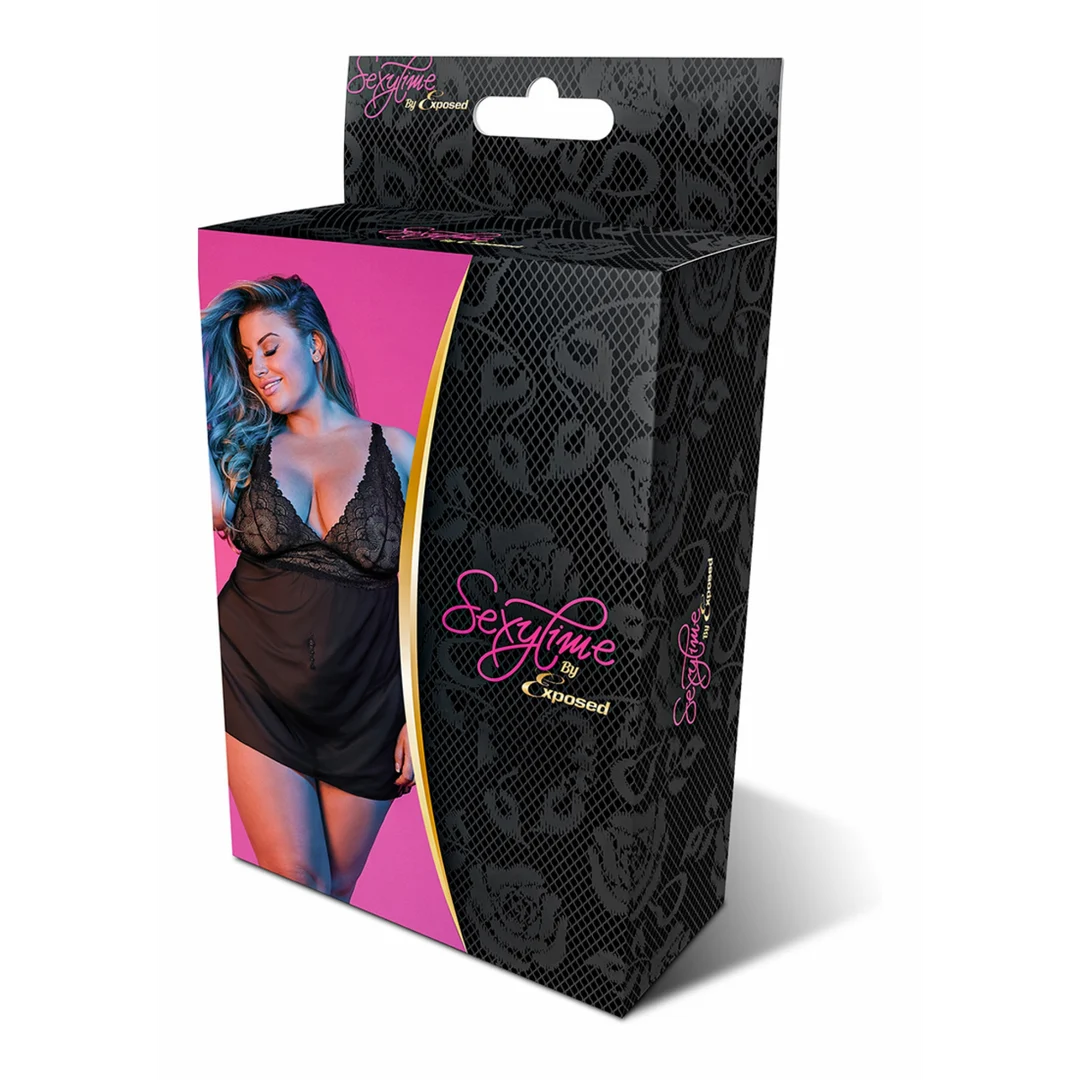 Babydoll negro con espalda descubierta y conjunto de tanga, talla 2X - Imagen 1