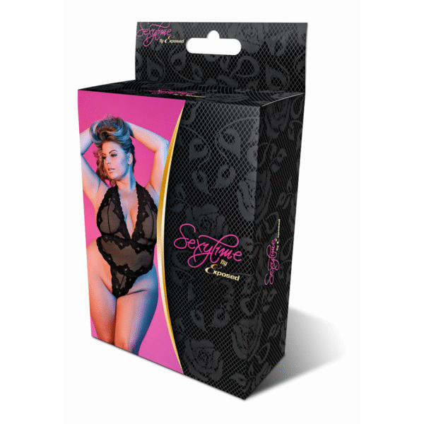 Body de encaje con cuello halter, escote pronunciado en V y tanga para un look sensual, Exposed