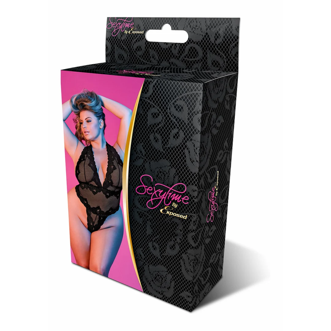 Body de encaje con cuello halter, escote pronunciado en V y tanga para un look sensual, Exposed - Imagen 1