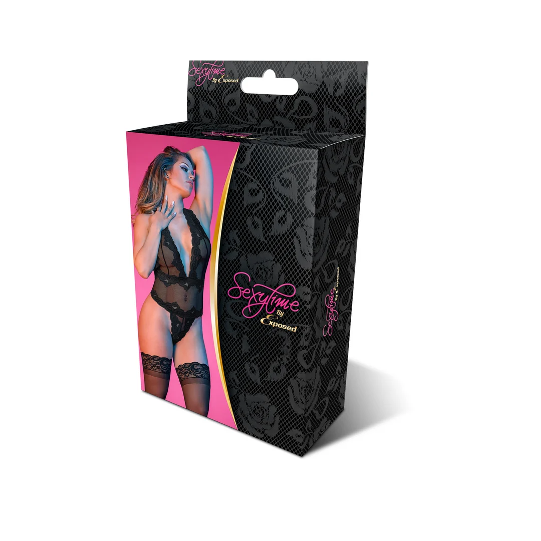Body de encaje con cuello halter, escote pronunciado en V y tanga para un look sensual, Exposed - Imagen 7