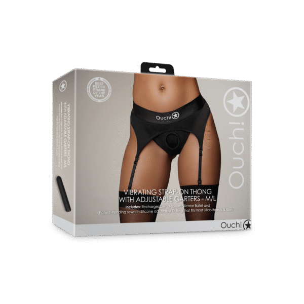 Ouch! Tanga con arnés y vibrador, con ligueros ajustables