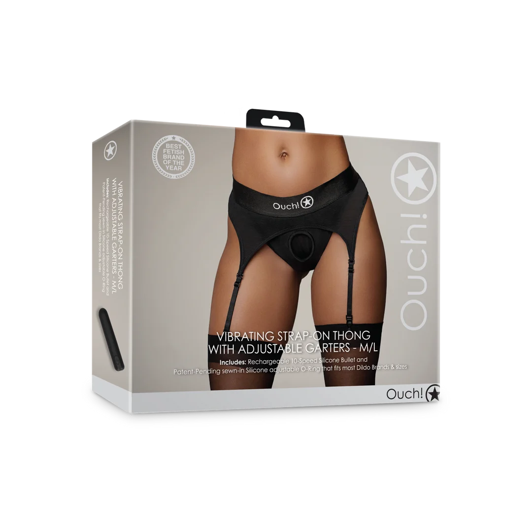OU829BLKML1-2 Ouch! Tanga con arnés y vibrador, con ligueros ajustables - Imagen 1