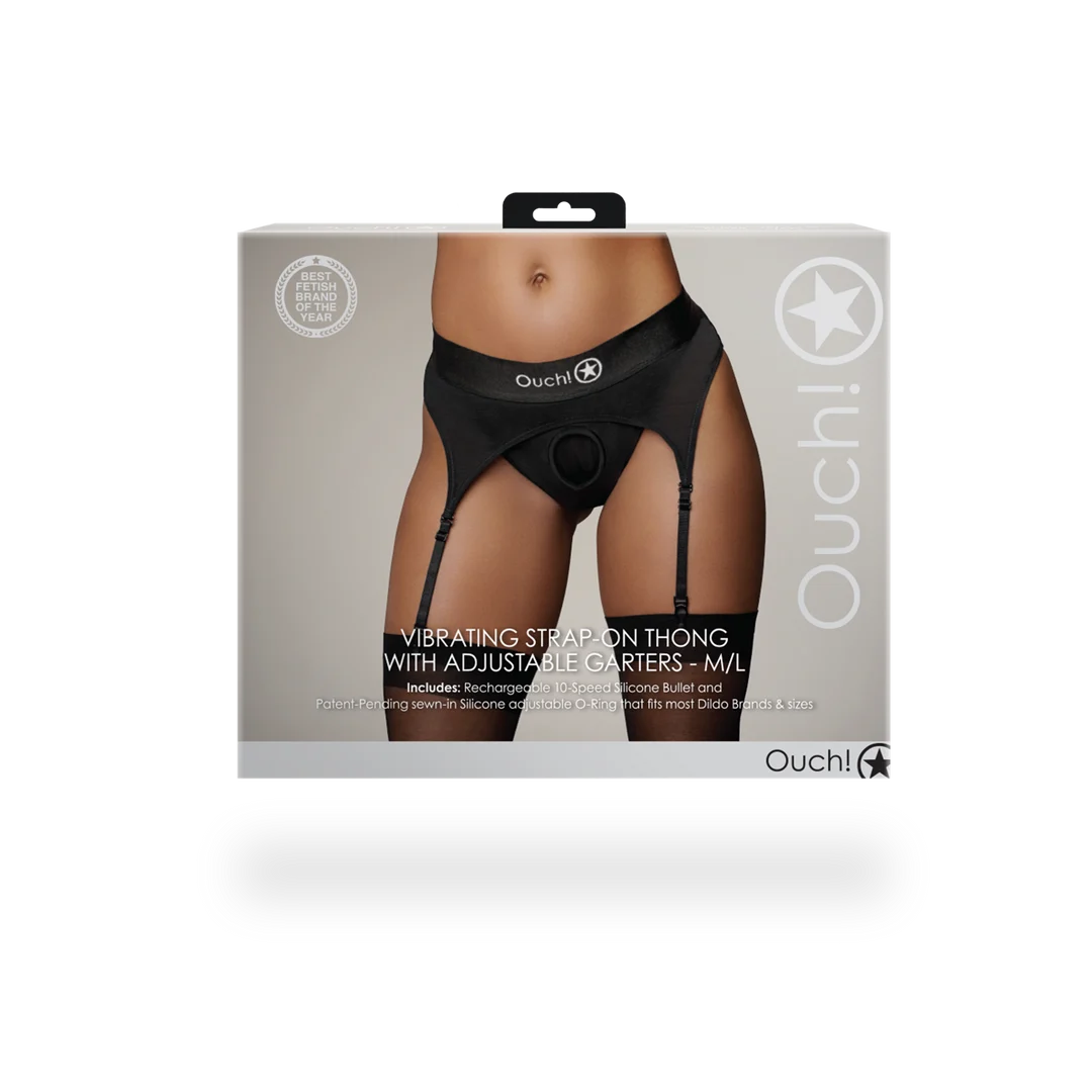 Ouch! Tanga con arnés y vibrador, con ligueros ajustables - Imagen 2