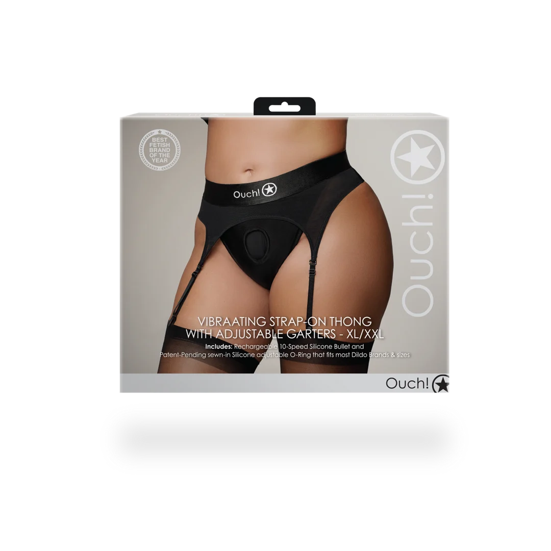 Ouch! Tanga con arnés y vibrador, con ligueros ajustables - Imagen 8