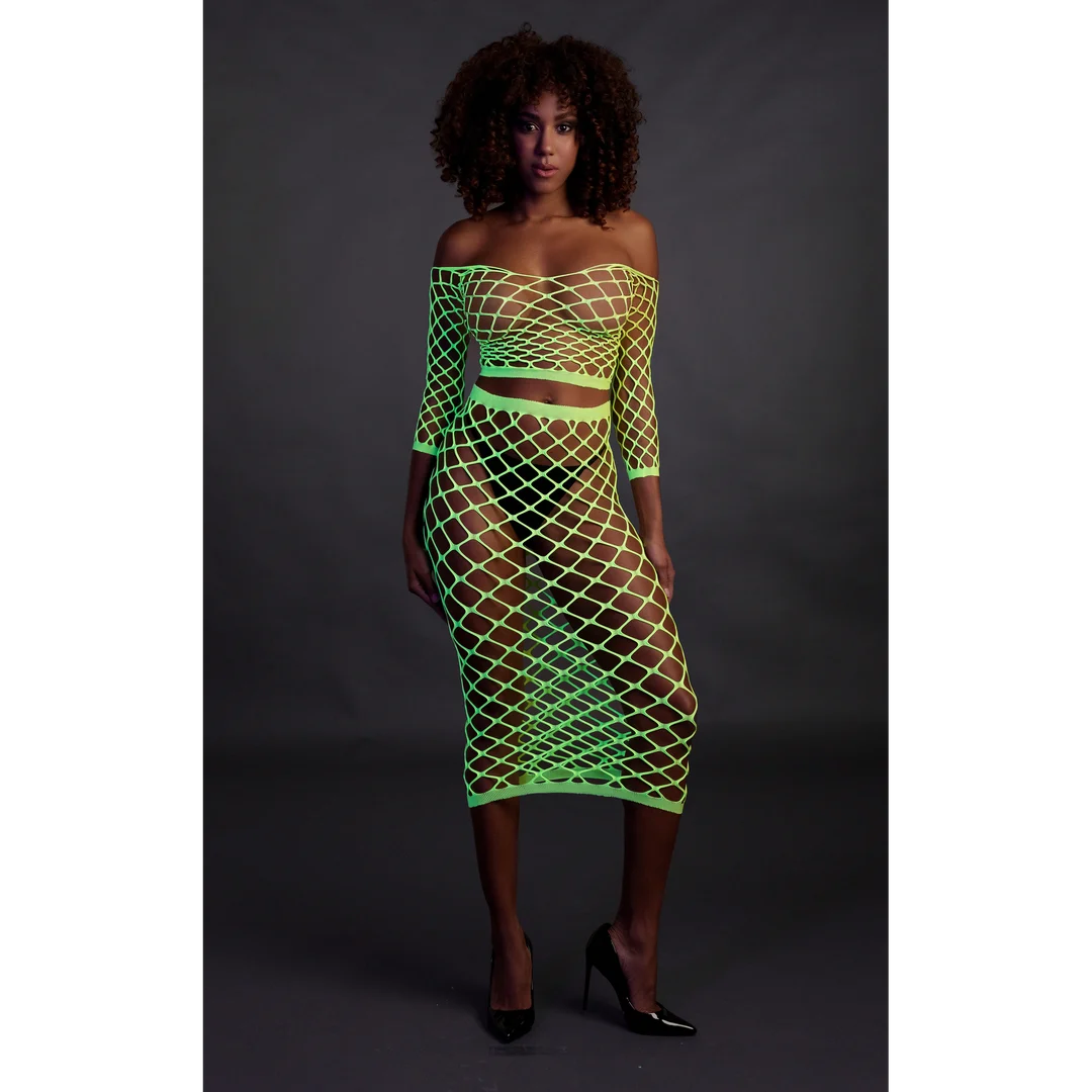 Top corto verde neón con falda larga - Imagen 3