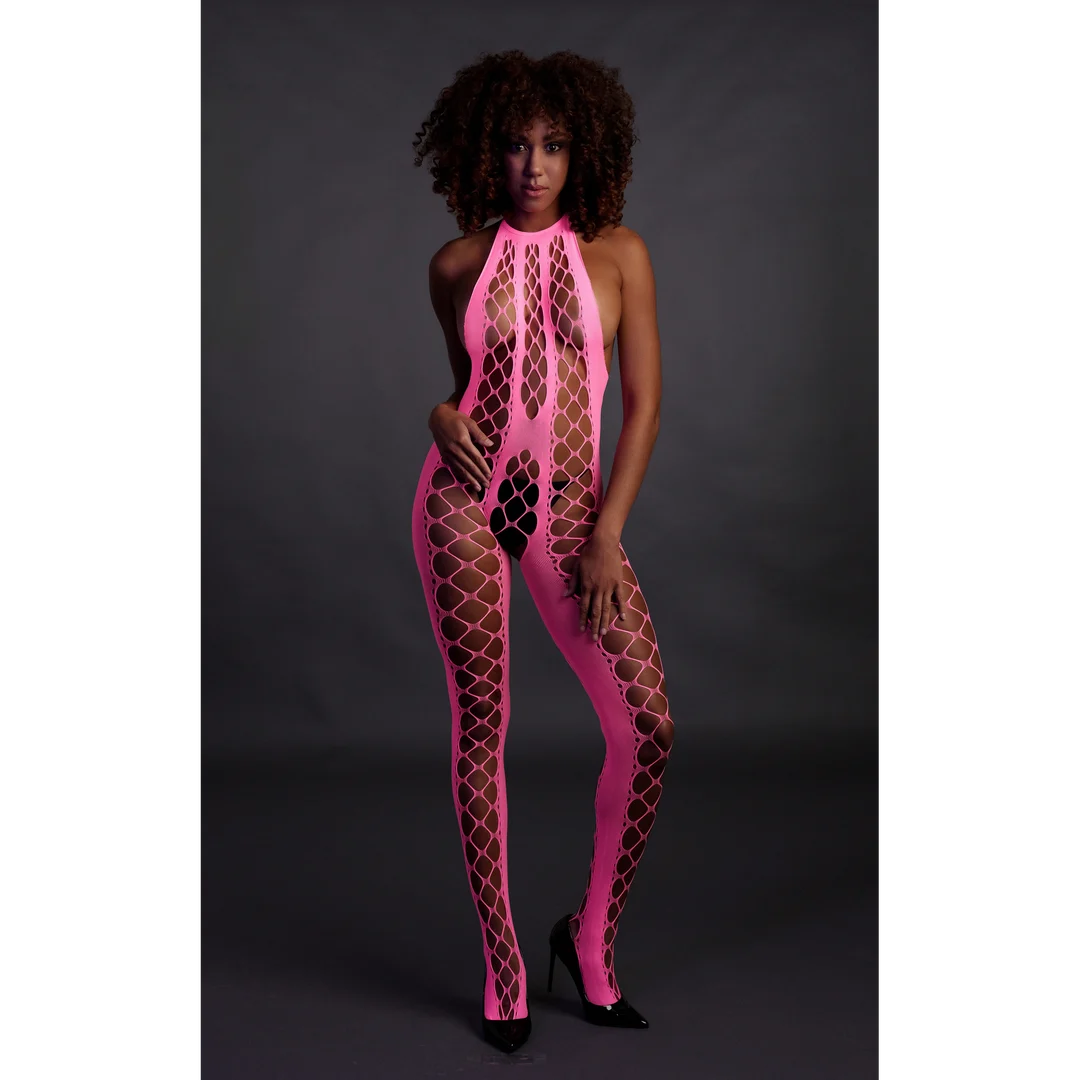 Body de rejilla rosa neón con cuello halter - Imagen 3