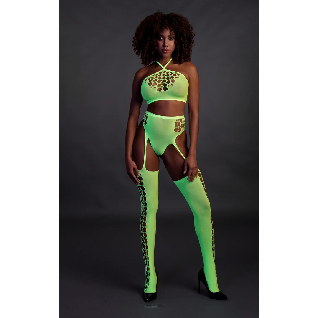 Conjunto verde neón con top corto y medias - Imagen 3