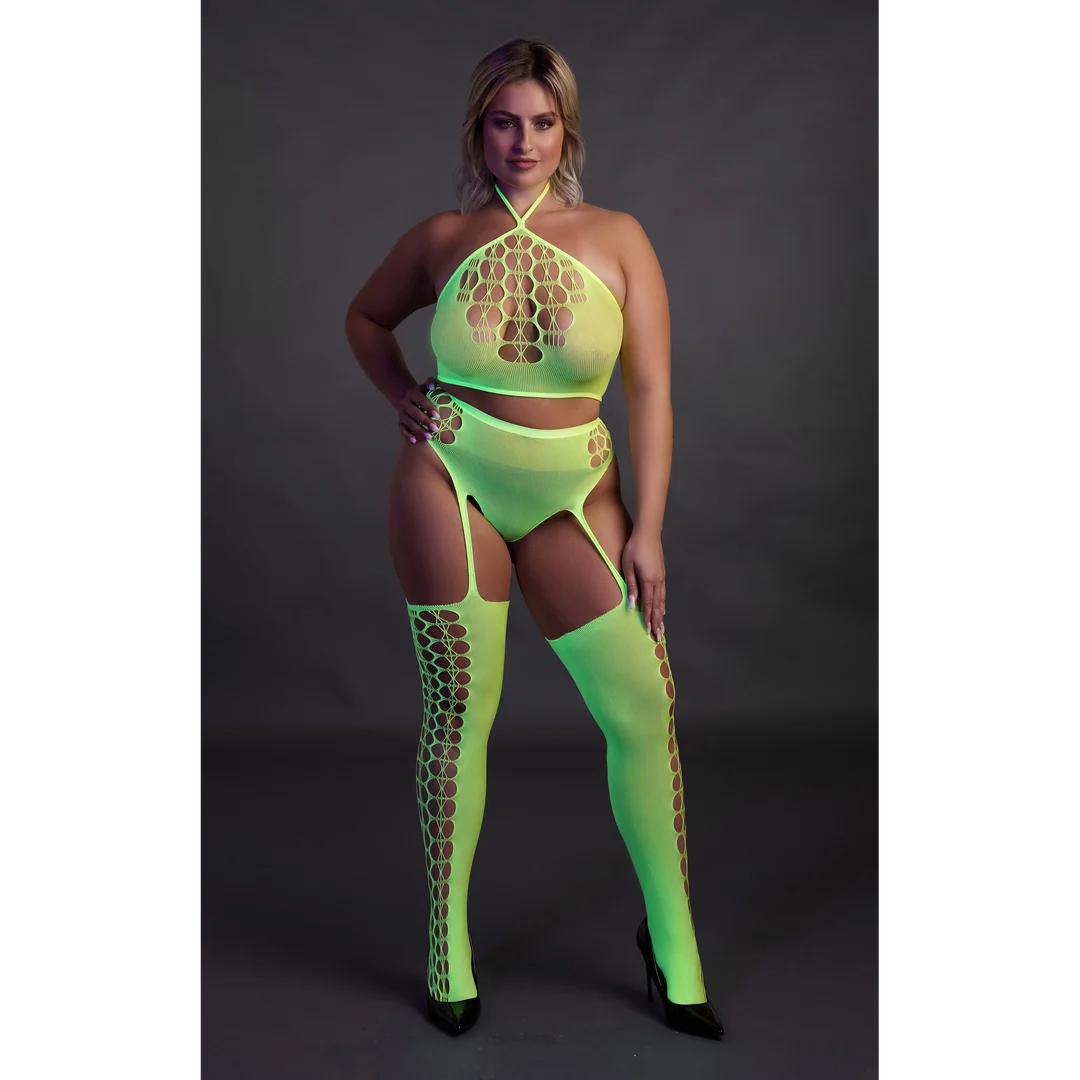 Conjunto verde neón con top corto y medias - Imagen 9