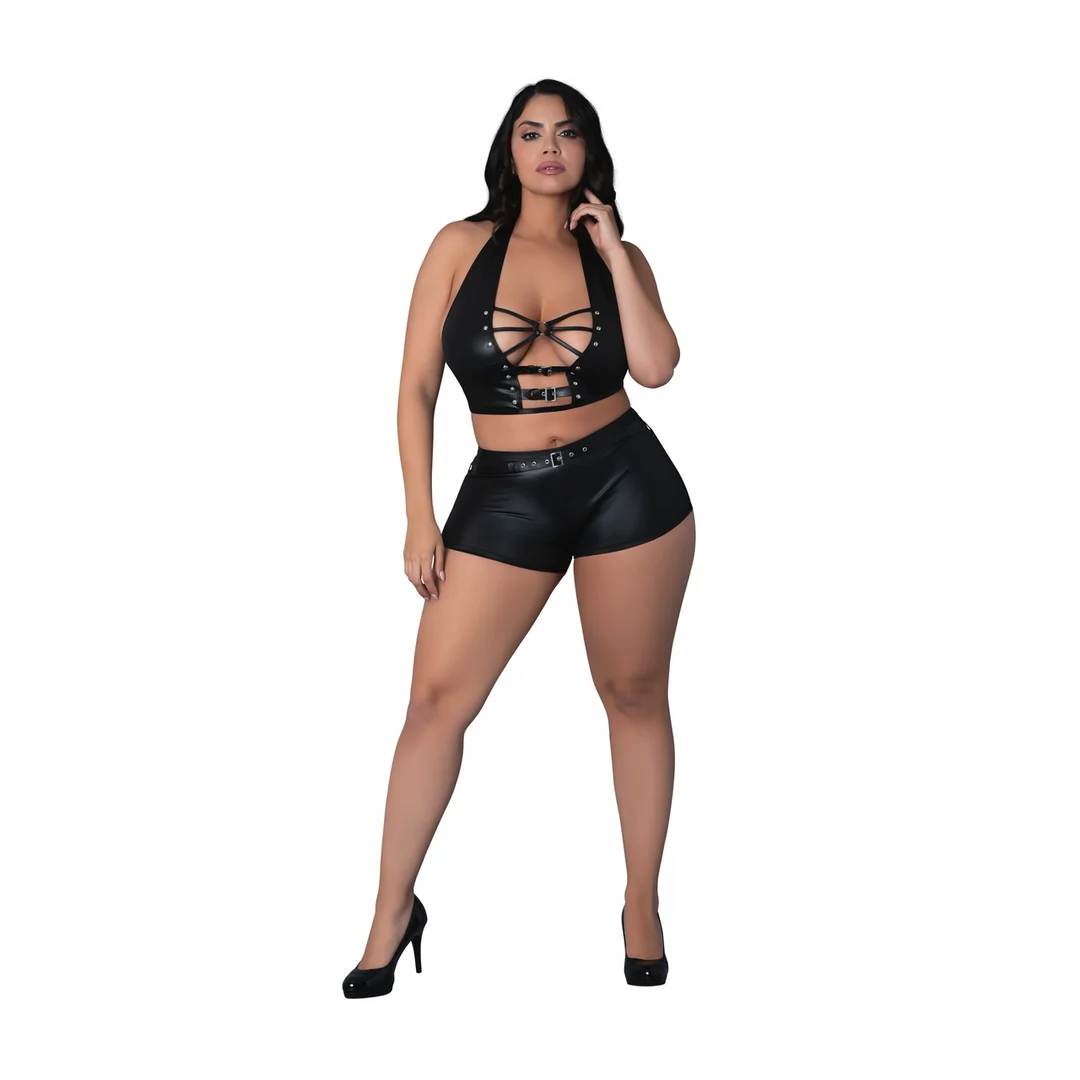 Top halter y shorts Thalia con anillos y tachuelas, 2X, negro - Imagen 5