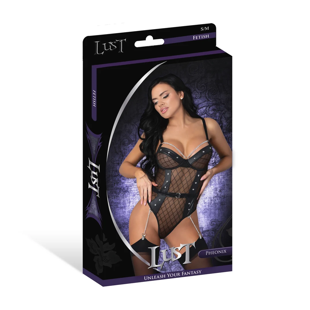 Body Phoenix con cadenas y ligueros, 2X, negro - Imagen 9