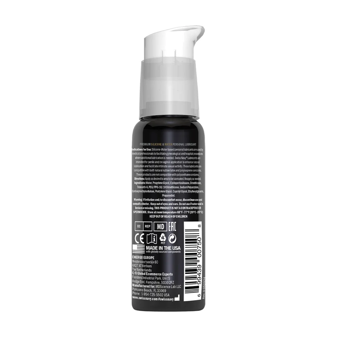 Lubricante neutro híbrido con base de silicona y agua, sin perfume ni sabor, 29,5 ml, Swiss Navy - Imagen 1